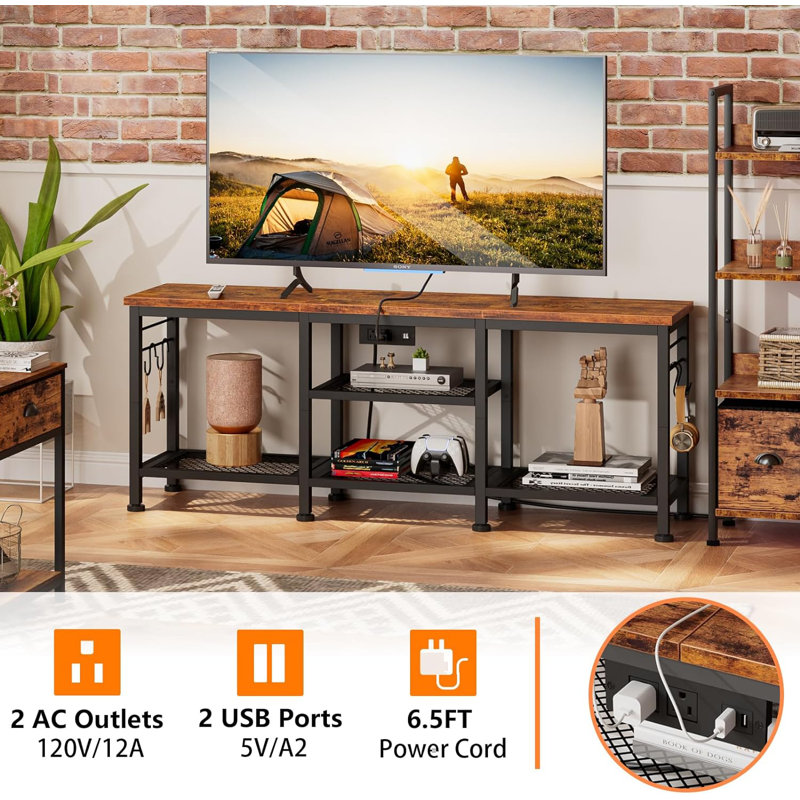 17 Stories TV Stand With Power Outlets Entertainment Center With Open Storage Shelves For Tvs Up To 55 Inch TV Media Console Table With Soundbar Shelf For Living Room Bedroom Rustic Brown Wayfair